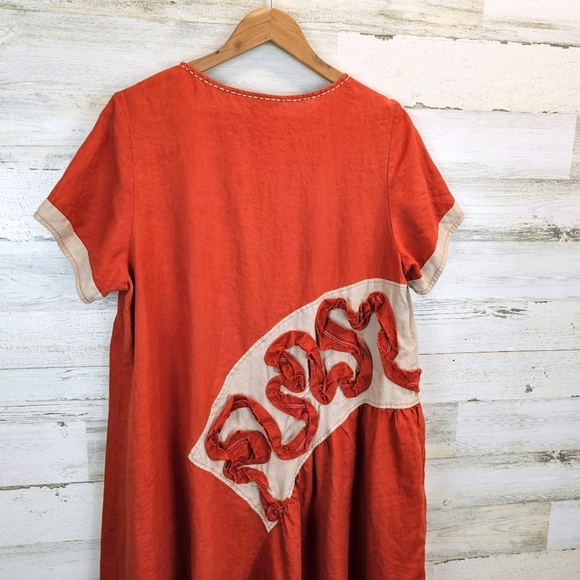 Peacock Ways Linen Lagenlook Casual Dress Sz Large Orange Artsy Folksy Modest - Picture 8 of 14